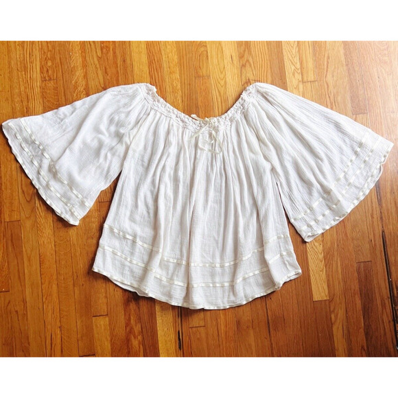 Vintage Mexican Gauze Blouse Angel Sleeves Crochet Ribbons One Size 1970's - Picture 7 of 7